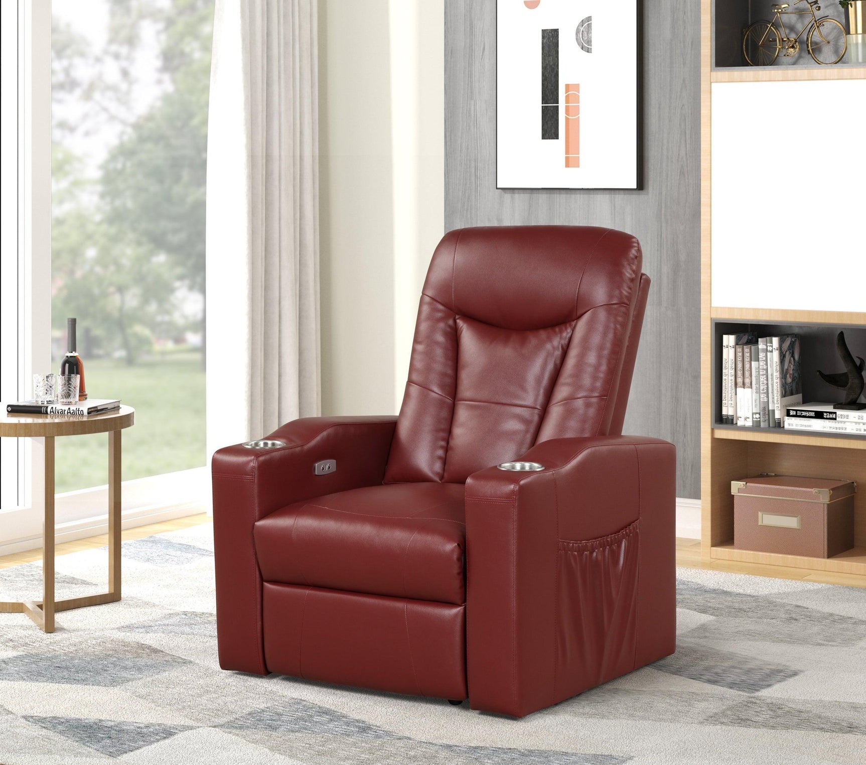 Madison Red - Modern Bonded Faux Leather Extra Thick PU Power Recliner - Ella Furniture