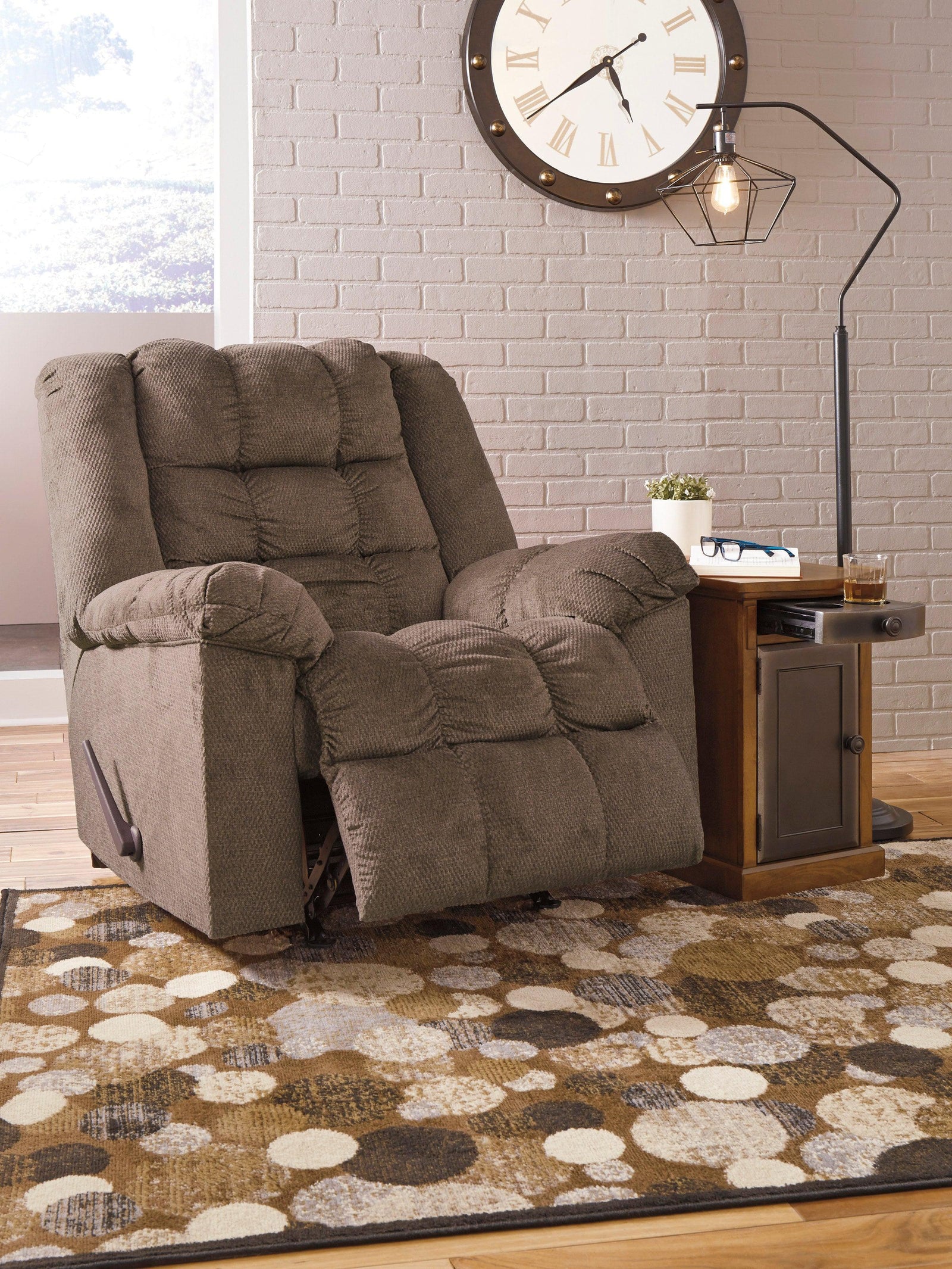 Drakestone Brown Metal Polyester Armchair Rocker Recliner (Heat/massage) - Ella Furniture