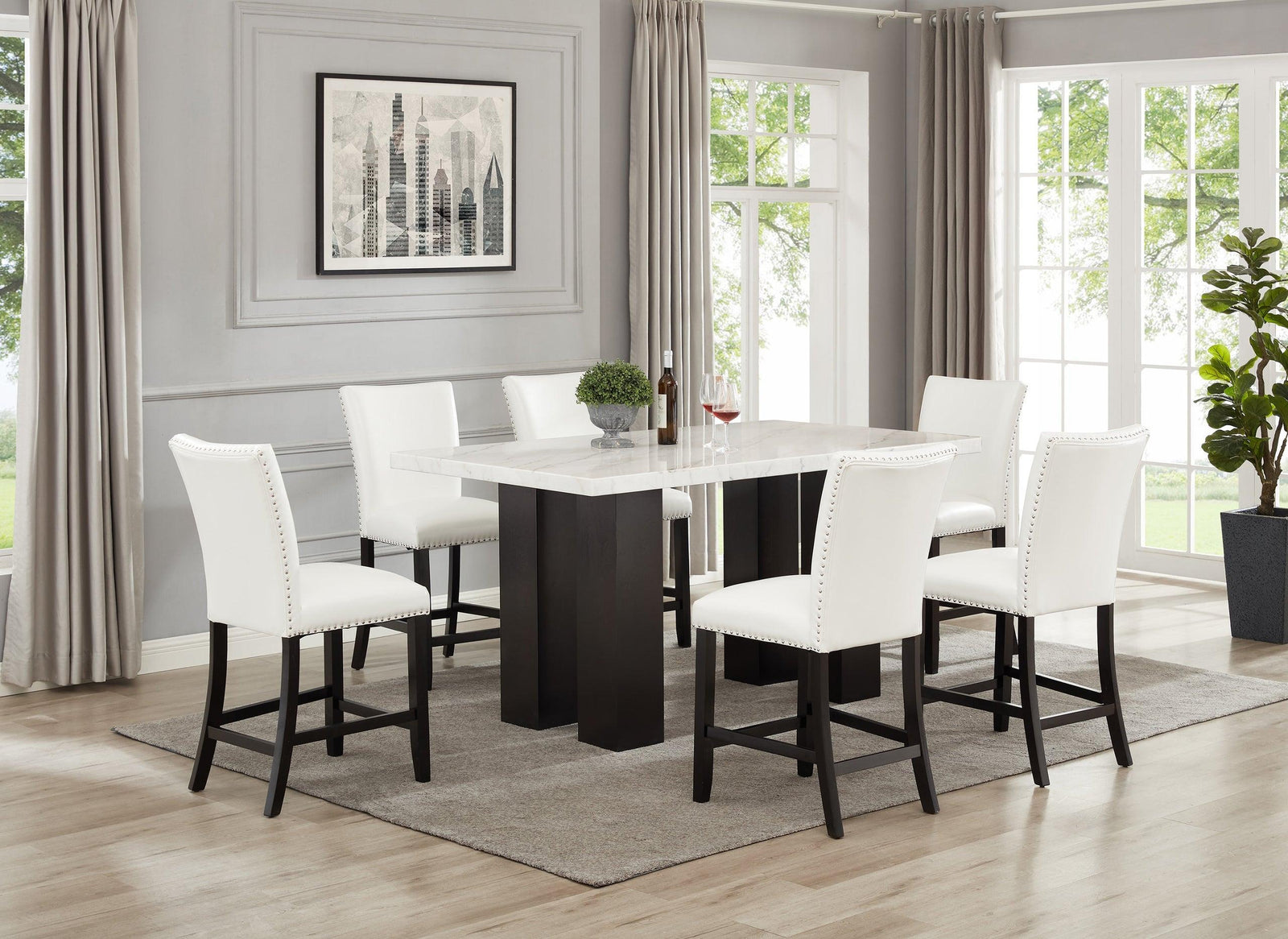 Finley White Parsons Velvet Solid Manufactured Wood Genuine Marble Counter Height Dining Table & 6 Chairs