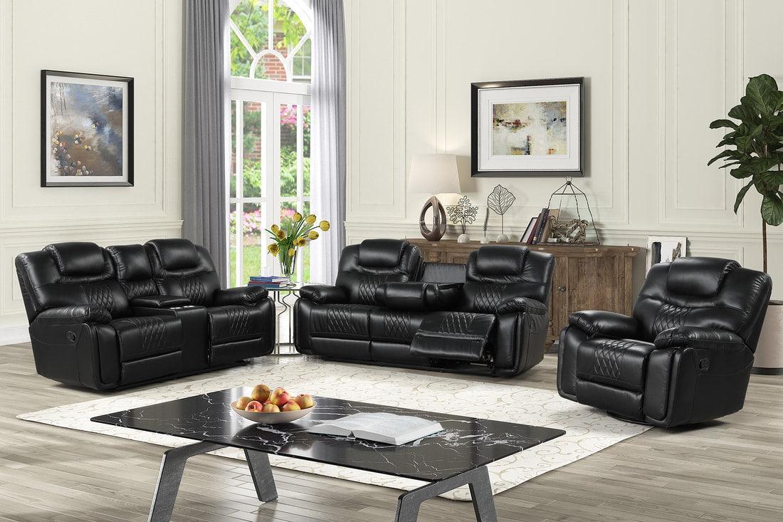 Galveston Black Modern Sleek Contemporary Faux Leather 3Pc Oversize Reclining Set - Ella Furniture