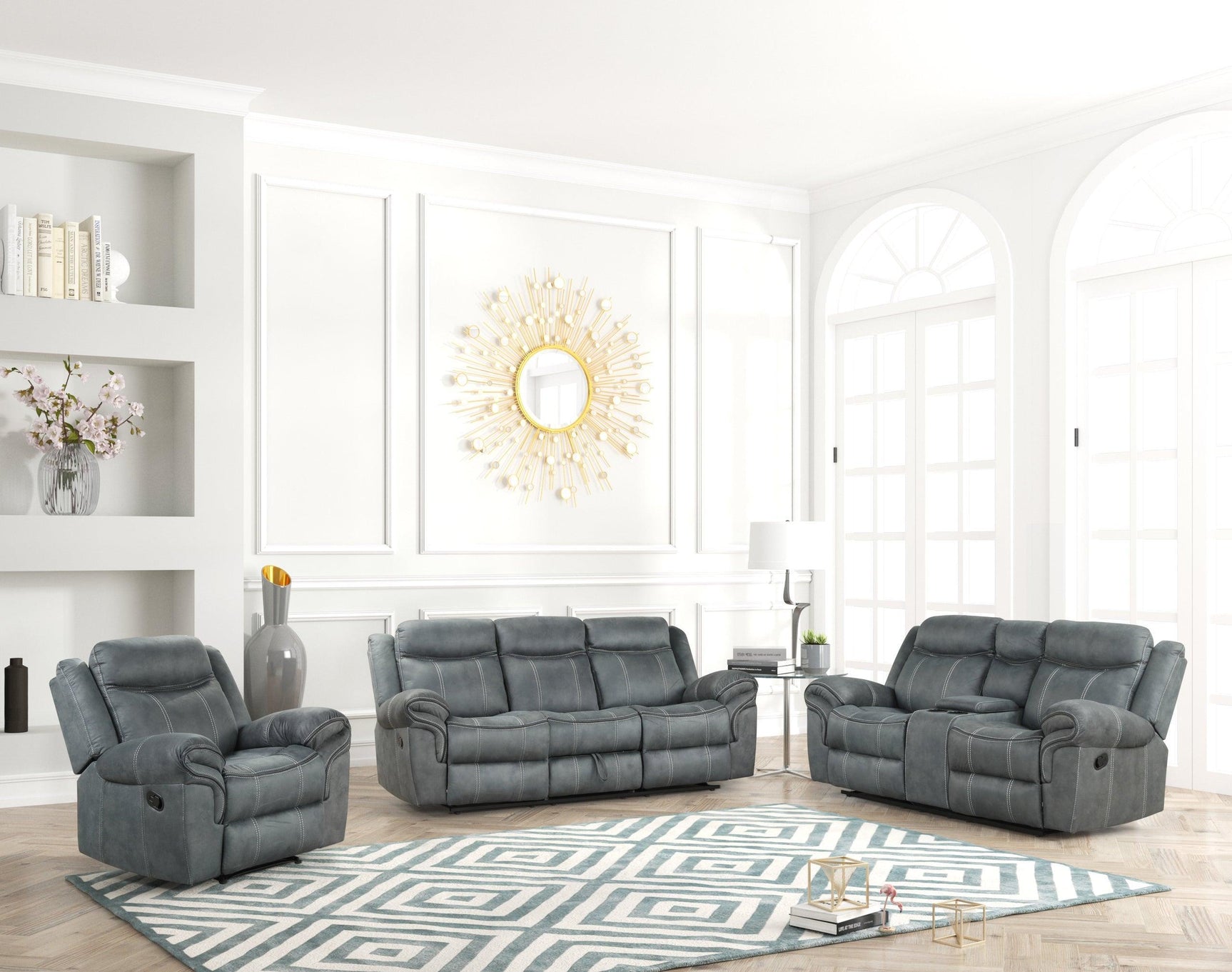 Andres Grey Modern Sleek Faux Leather Upholstered 3Pc Reclining Living Room Set - Ella Furniture