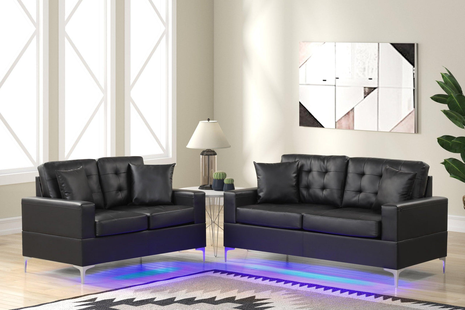 Miami Black Modern Contemporary Faux Leather PU Tufted 2Pc Sofa & Loveseat Set (Led Lights) - Ella Furniture