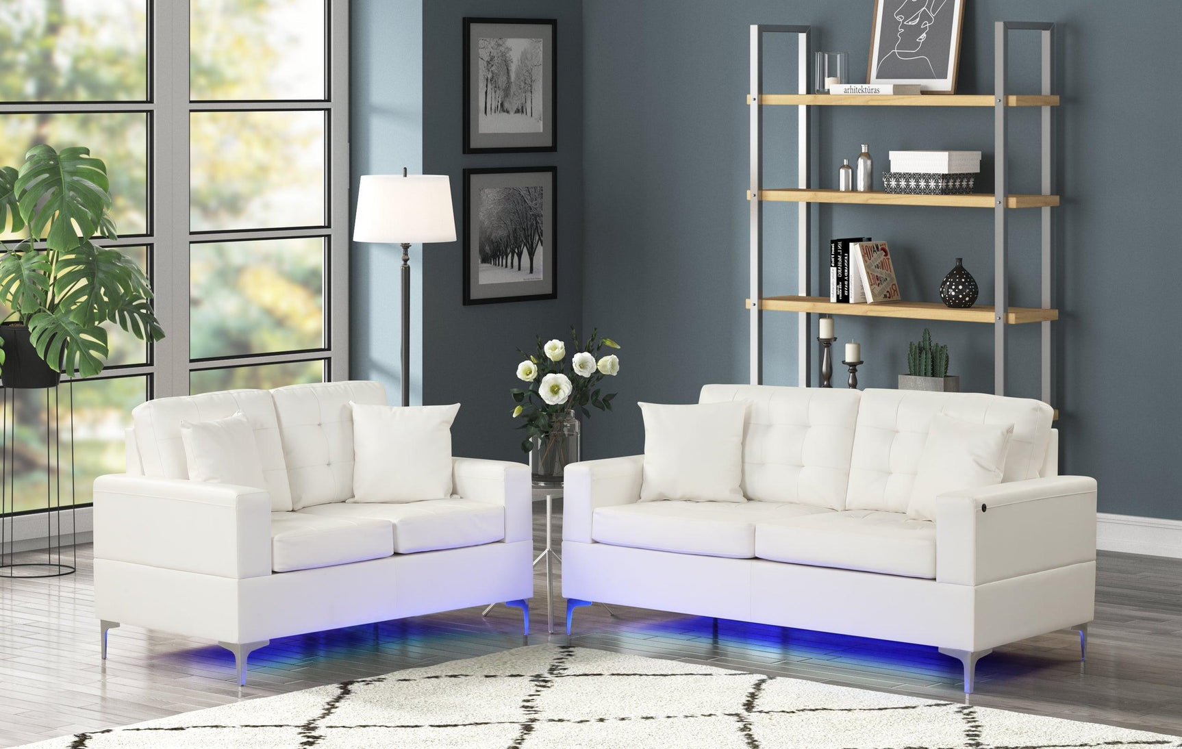 Miami White Modern Contemporary Faux Leather Tufted 2Pc Sofa & Loveseat Set (Led Lights) - Ella Furniture
