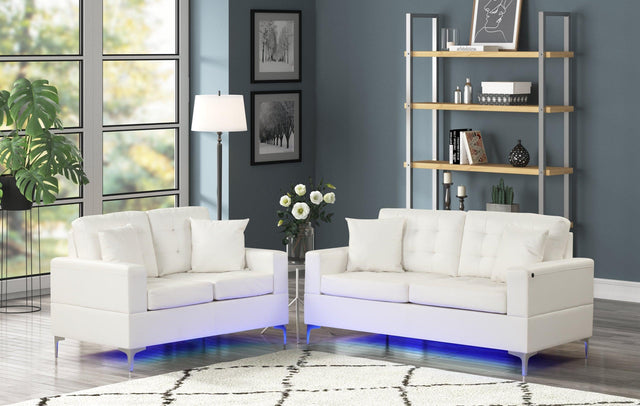 Miami White Modern Contemporary Faux Leather Tufted 2Pc Sofa & Loveseat Set (Led Lights) - Ella Furniture
