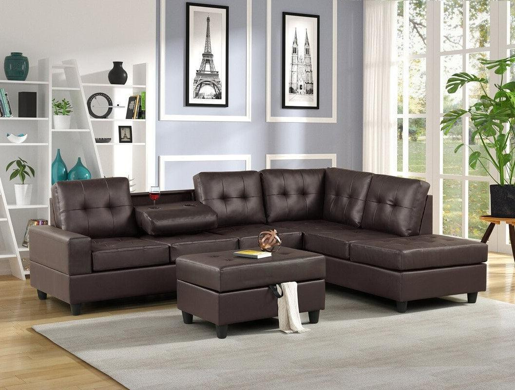 Heights Espresso Modern Contemporary Faux Leather Tufted Reversible Sectional + Ottoman Set - Ella Furniture