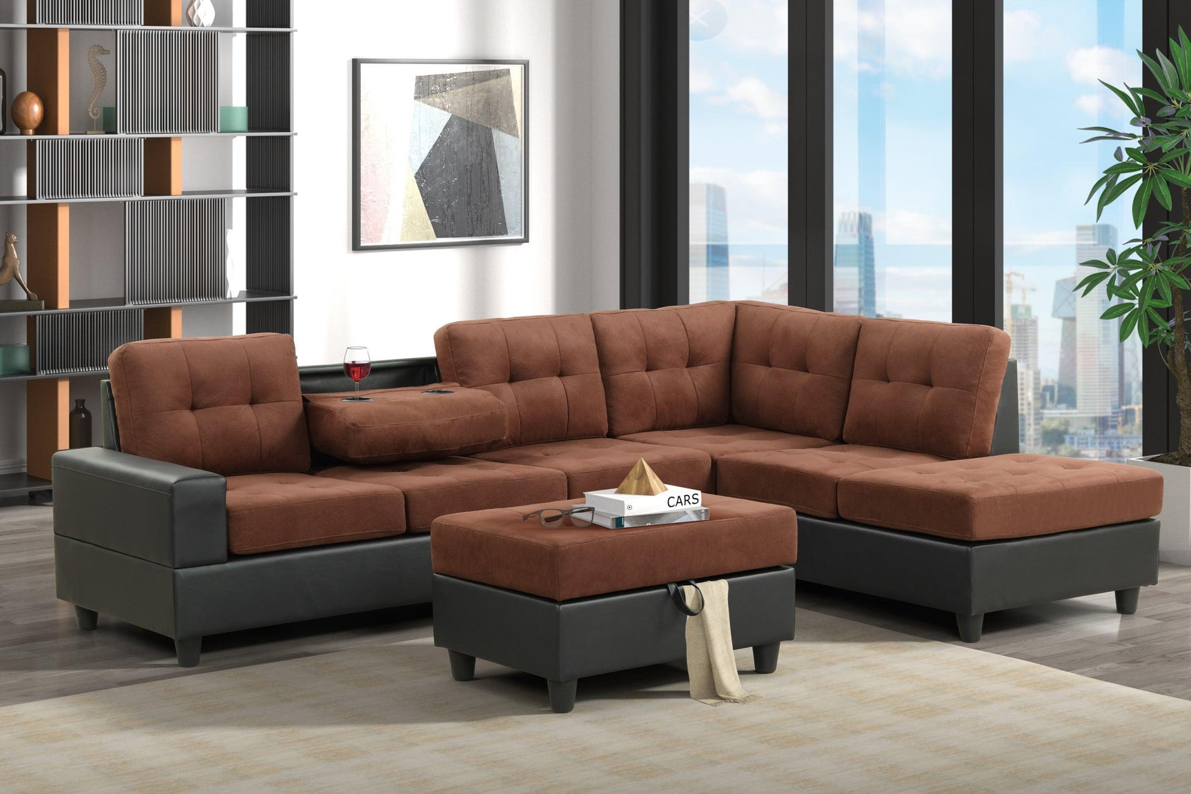 Pu6-heights Brown Modern Contemporary Velvet Tufted Reversible Sectional + Ottoman Set - Ella Furniture