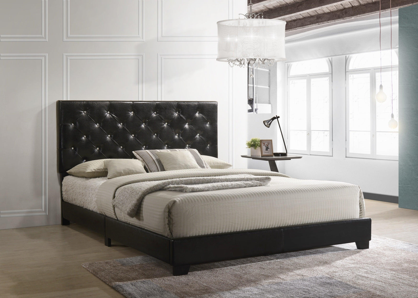 Ridenhour Black Modern Traditional Solid Wood Faux Leather Upholstered Tufted Platform Queen Bed - Ella Furniture