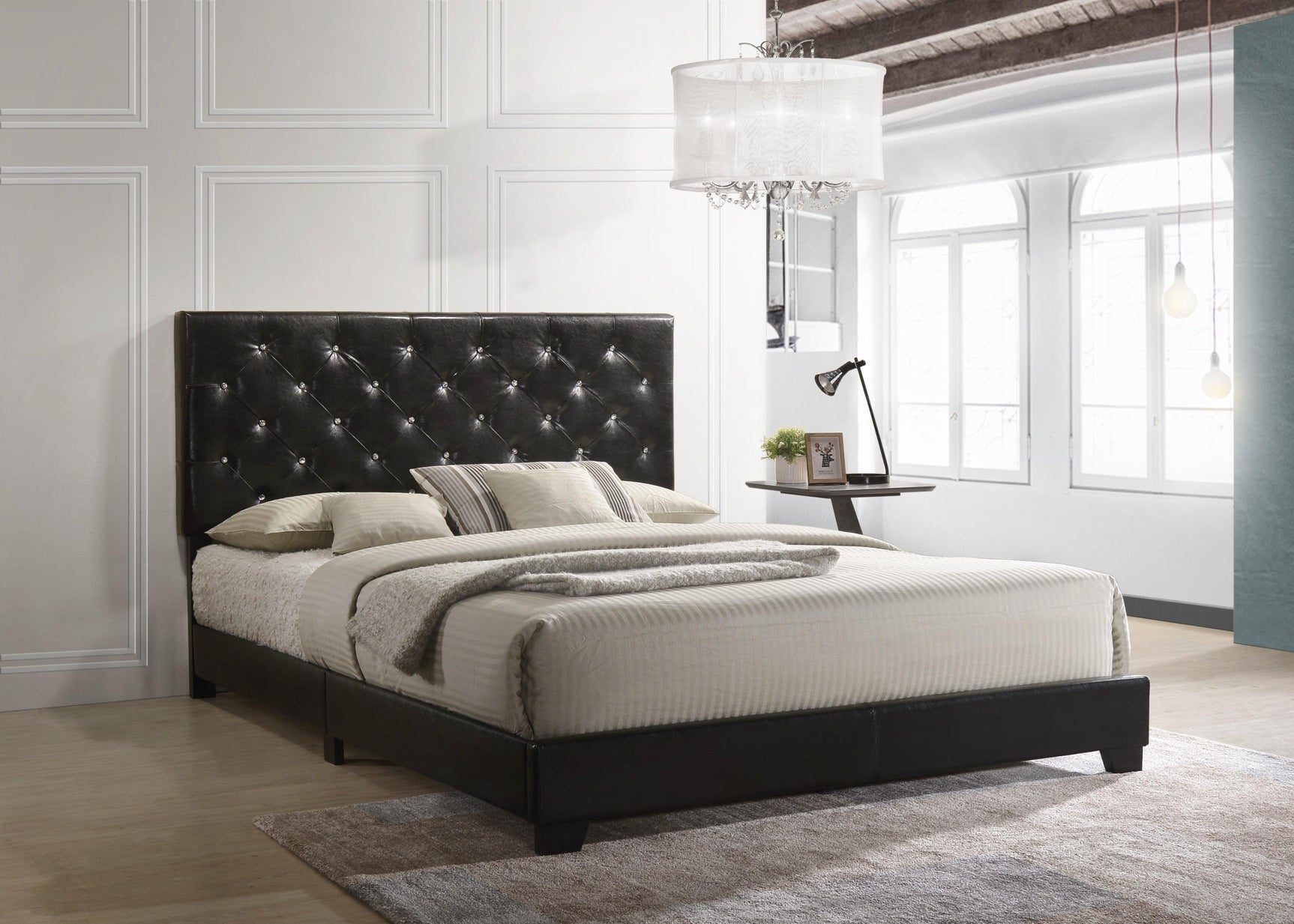 Ridenhour Black Modern Traditional Solid Wood Faux Leather Upholstered Tufted Platform Twin Bed - Ella Furniture