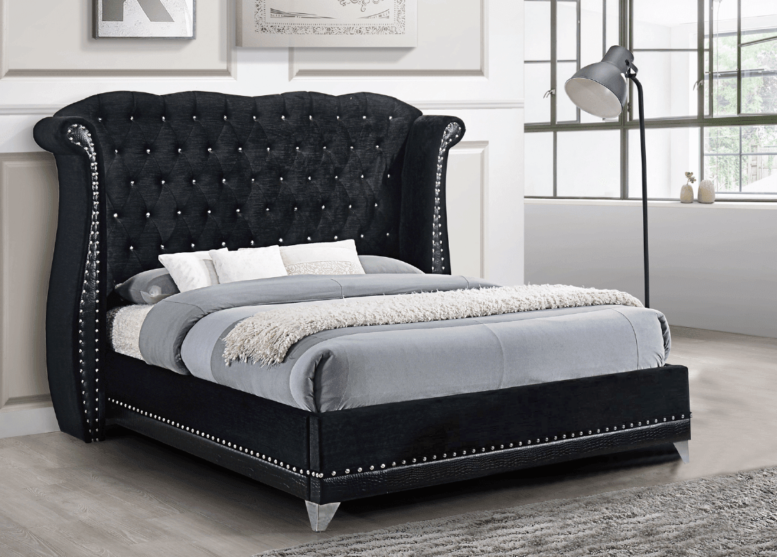Luxor Black Modern Traditional Sleek Velvet Upholstered Tufted Platform Queen Bed - Ella Furniture