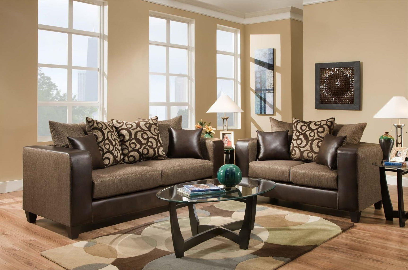 Riverstone Brown Modern Contemporary Chenille Fabric And Faux Leather Upholstered Sofa & Loveseat - Ella Furniture