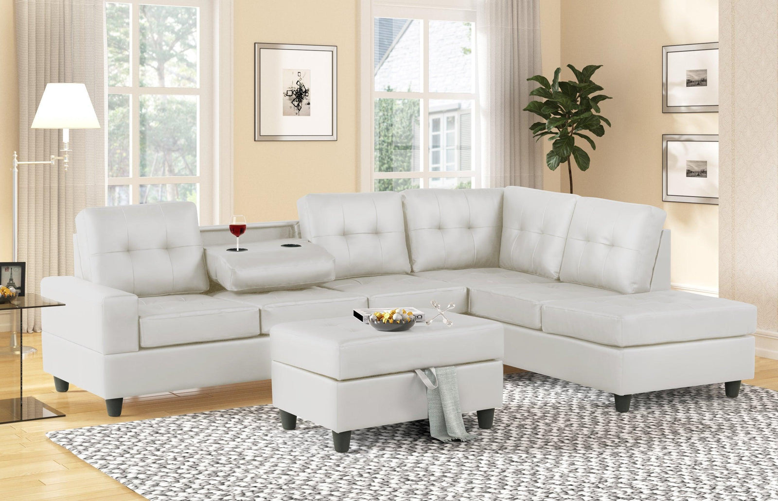 10Heights White Modern Contemporary Faux Leather Tufted Reversible Sectional + Storage Ottoman Set - Ella Furniture