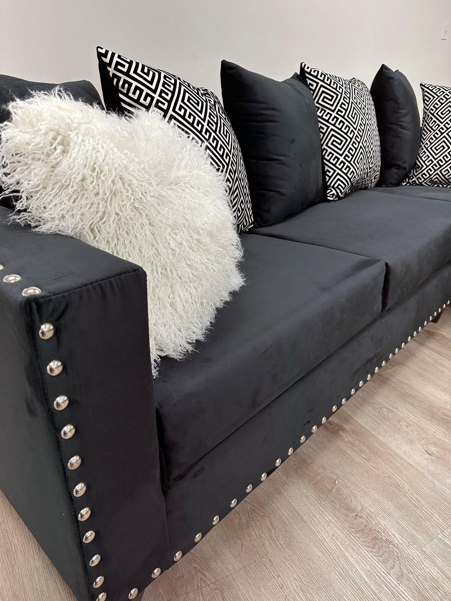 Santos Black Modern Contemporary Solid Wood Velvet Suede Sectional - Ella Furniture