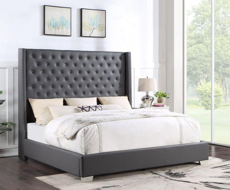 Gray Modern Traditional Solid Wood Faux Leather Upholstered Tufted King Bed - Ella Furniture