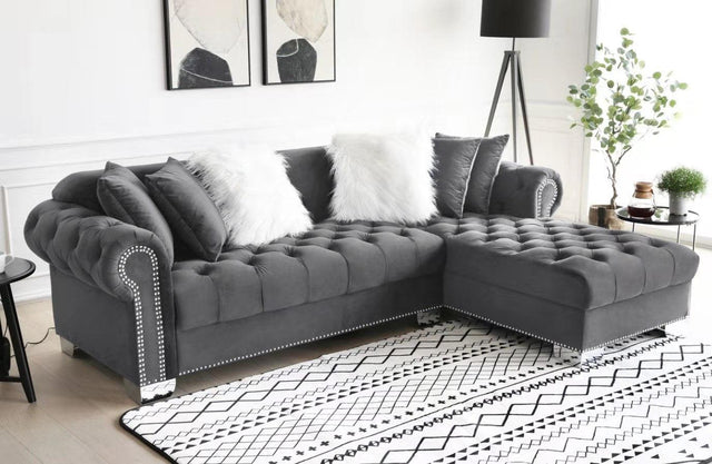 Royal Grey Modern Contemporary Metal Velvet Tufted Sectional - Ella Furniture
