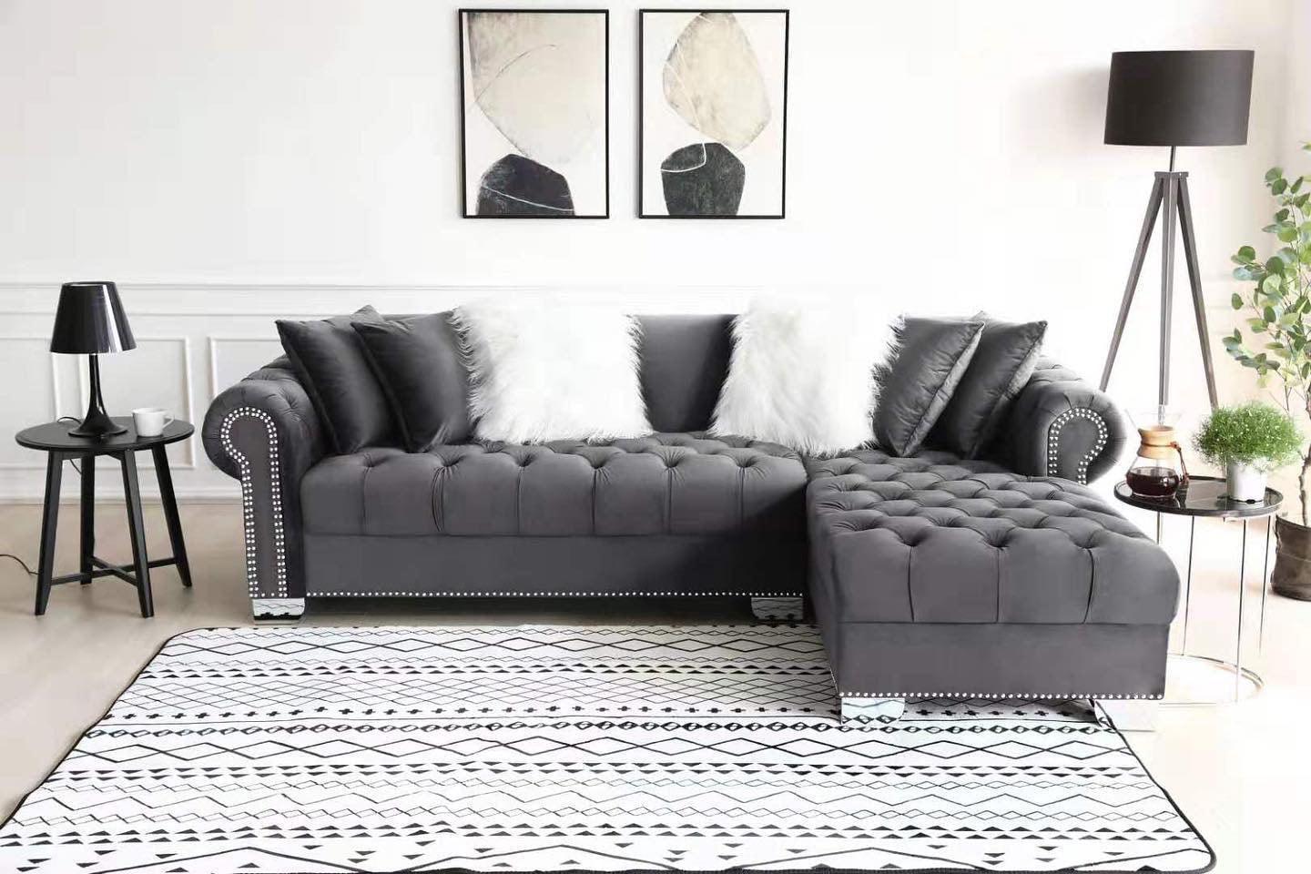Royal Grey Modern Contemporary Metal Velvet Tufted Sectional - Ella Furniture