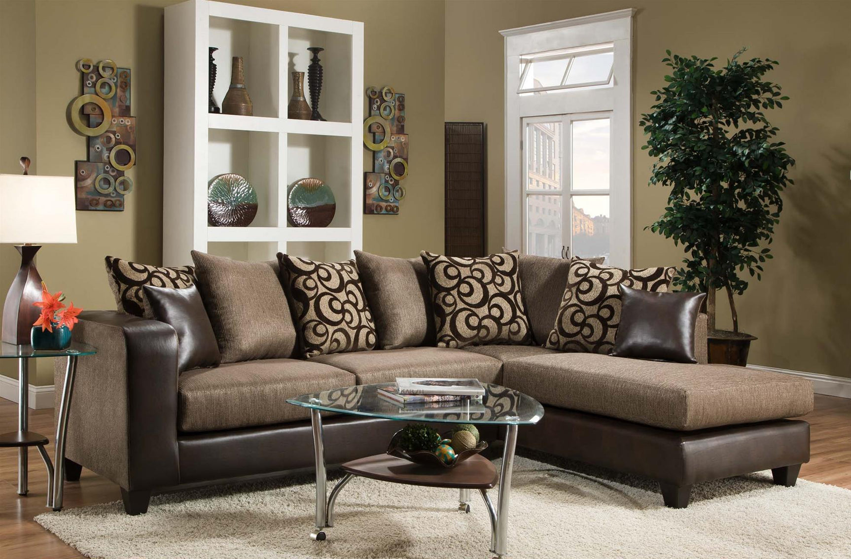Emboss Brown Modern Contemporary Fabric/Faux Leather Polyester Upholstered Sectional - Ella Furniture