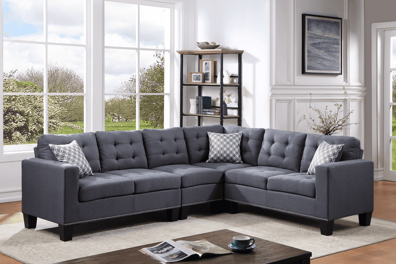 Logan Gray Modern Contemporary Linen Fabric Tufted Upholstered Sectional - Ella Furniture
