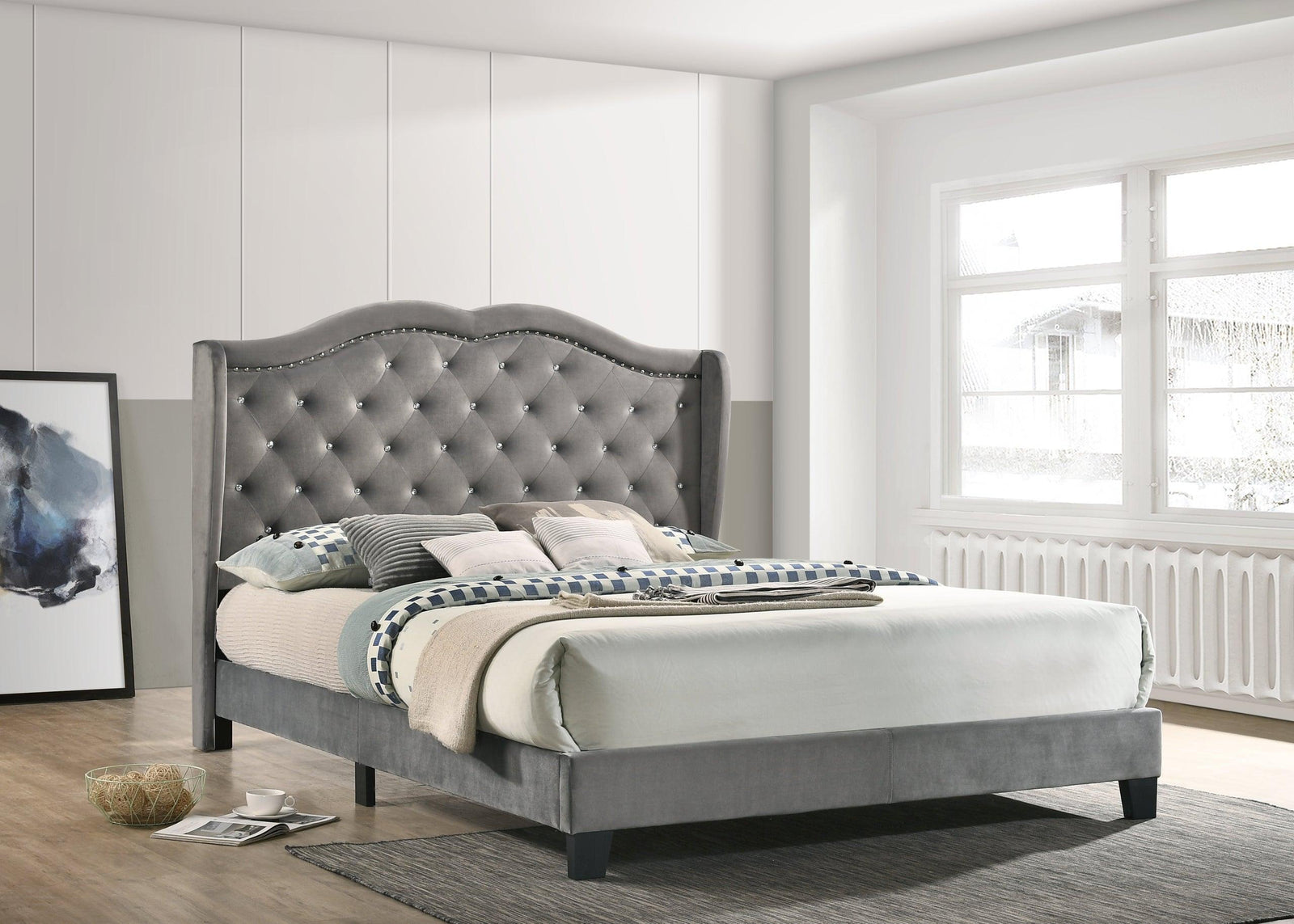 Paradise Gray Modern Traditional Solid Wood Velvet Upholstered Tufted Platform Queen Bed - Ella Furniture