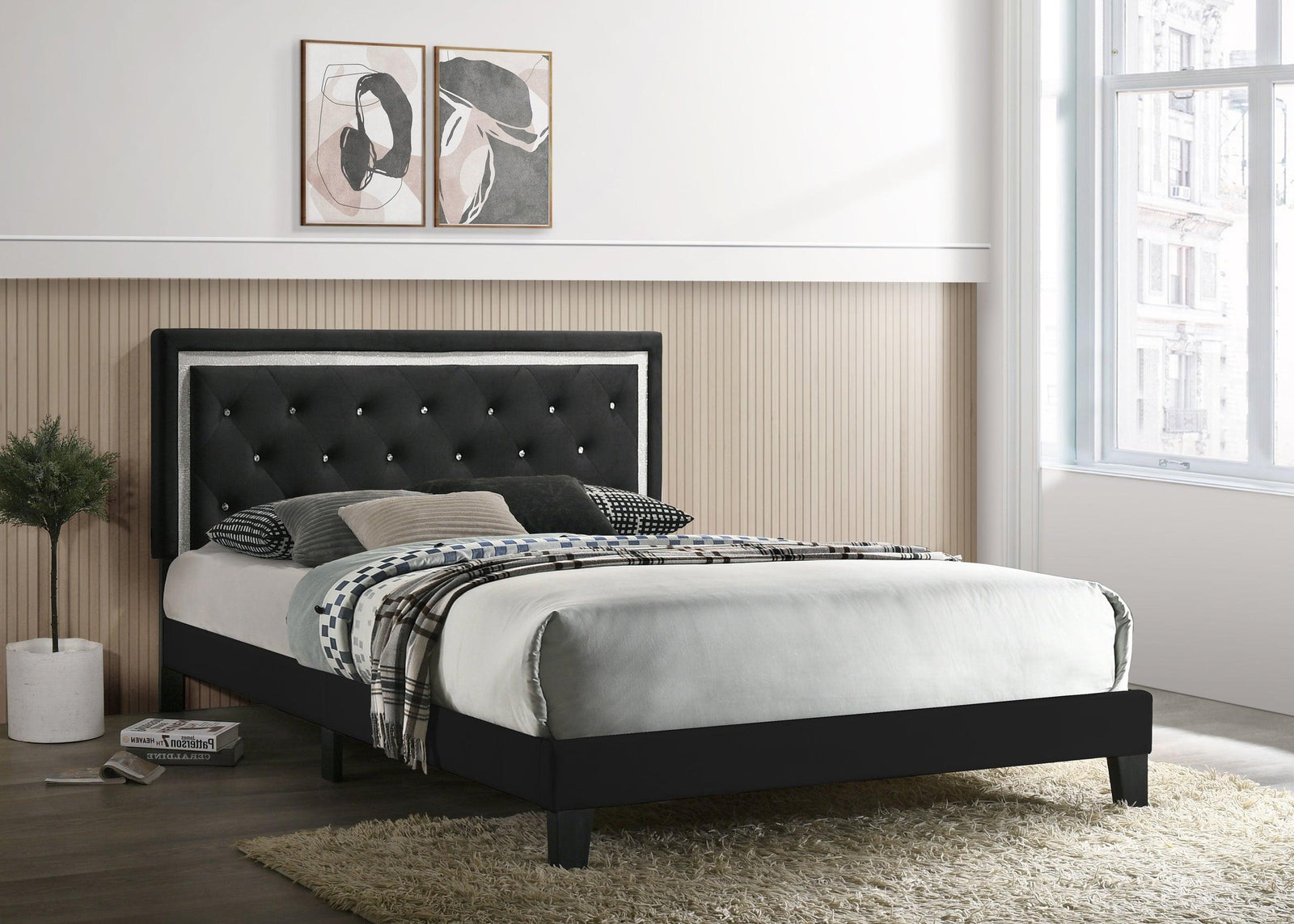Passion Black Velvet Classic Strong Wood Upholstered Tufted Platform Queen Bed - Ella Furniture
