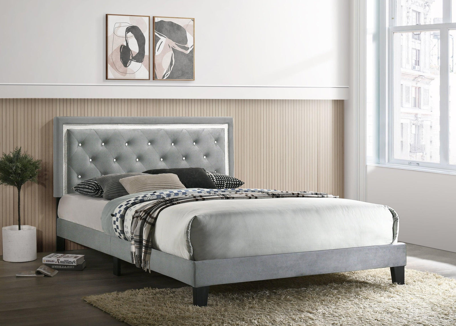 Passion Gray Velvet Classic Strong Wood Upholstered Tufted Platform King Bed - Ella Furniture