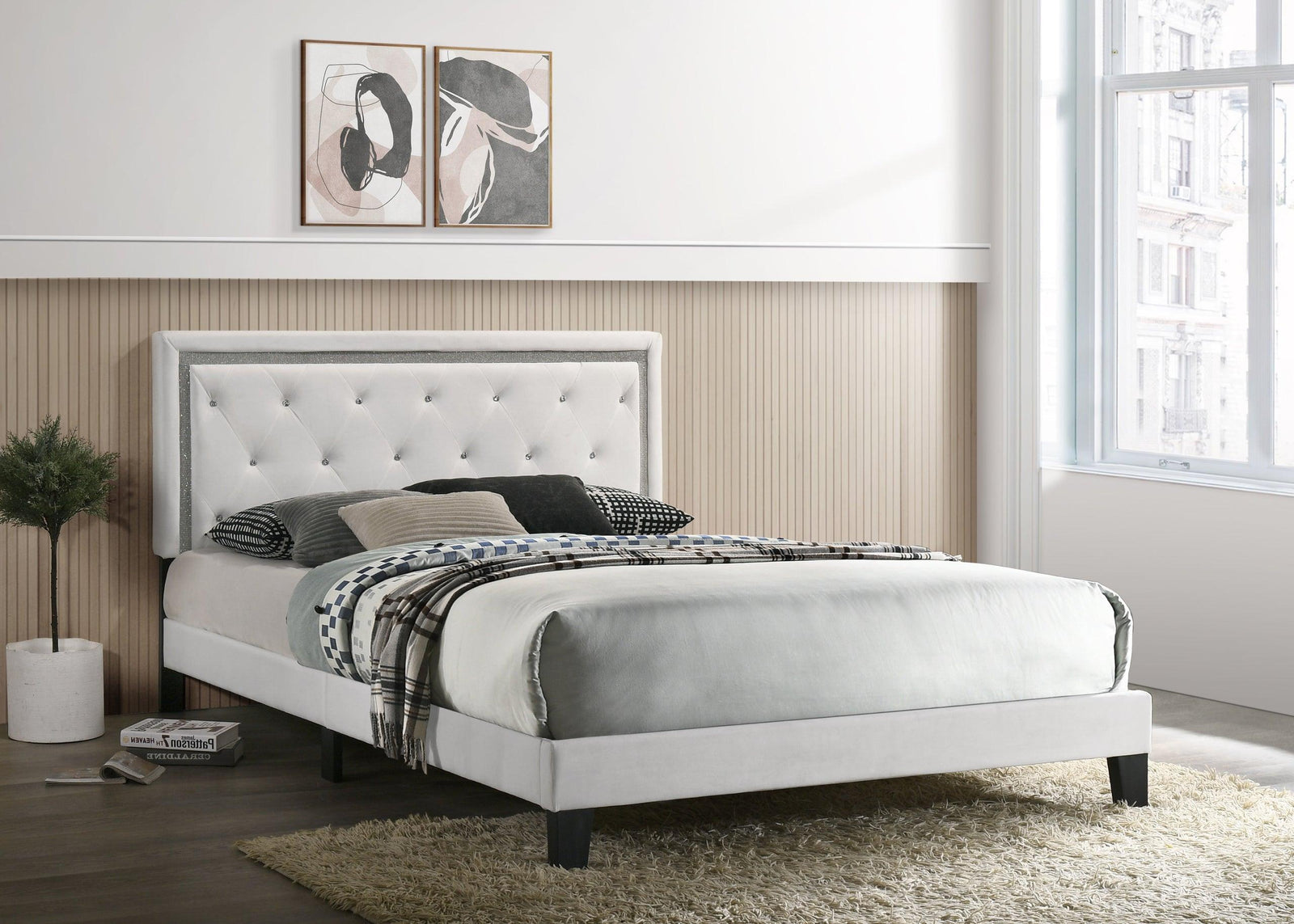 Passion White Velvet Classic Strong Wood Upholstered Tufted Platform Queen Bed - Ella Furniture