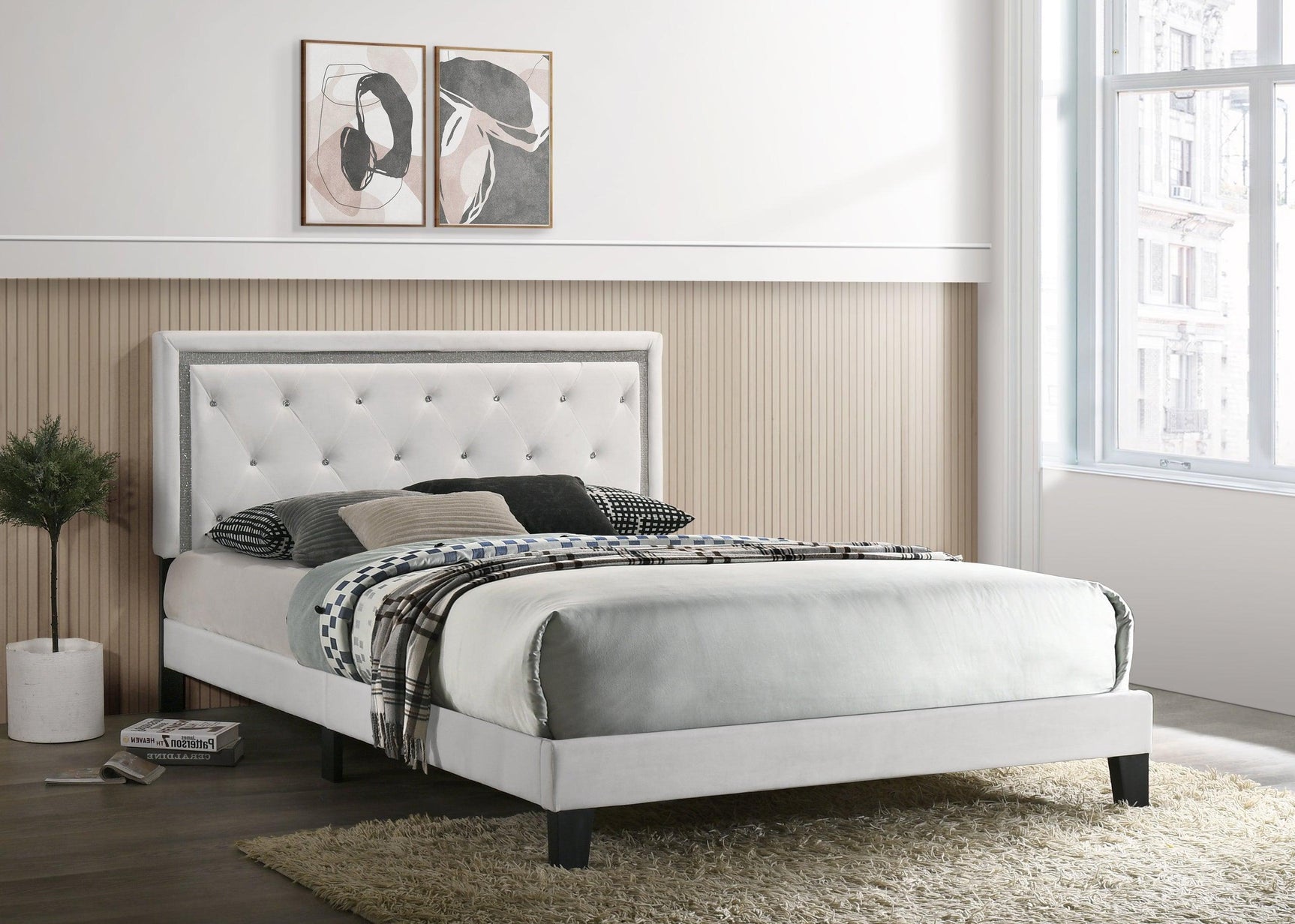 Passion White Velvet Classic Strong Wood Upholstered Tufted Platform Twin Bed - Ella Furniture