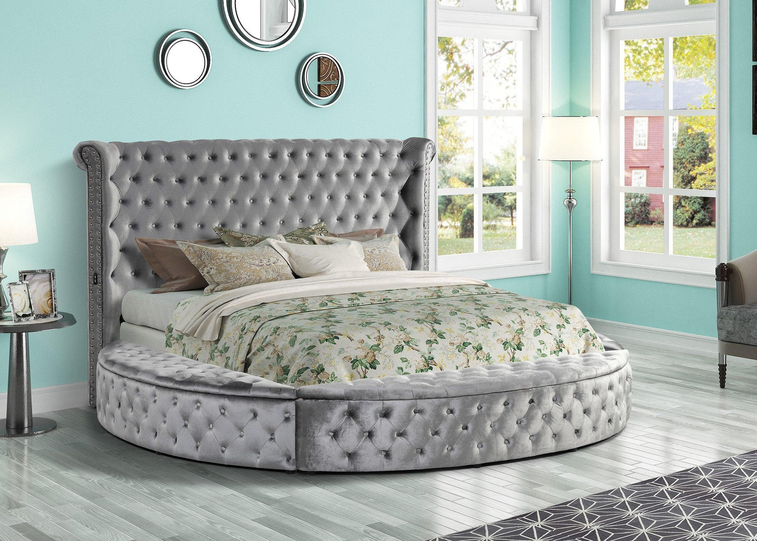 Penthouse Grey Modern Contemporary Solid Wood Velvet Upholstered Tufted Storage King Bed - Ella Furniture