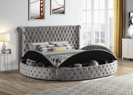 Penthouse Grey Modern Contemporary Solid Wood Velvet Upholstered Tufted Storage Queen Bed - Ella Furniture