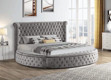Penthouse Grey Modern Contemporary Solid Wood Velvet Upholstered Tufted Storage King Bed - Ella Furniture