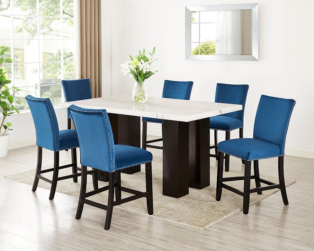 Finley Blue Parsons Velvet Solid Manufactured Wood Genuine Marble Counter Height Dining Table & 6 Chairs