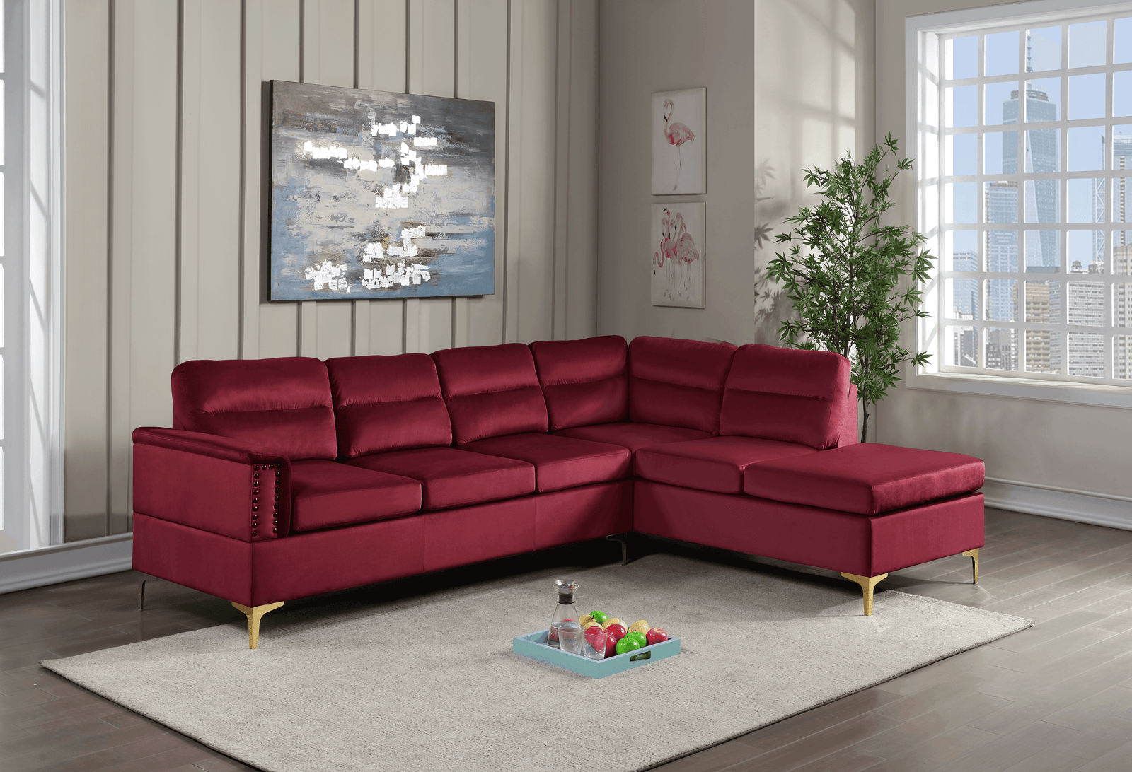 Vogue Red Modern Contemporary Velvet Gold Metal Legs Sectional - Ella Furniture