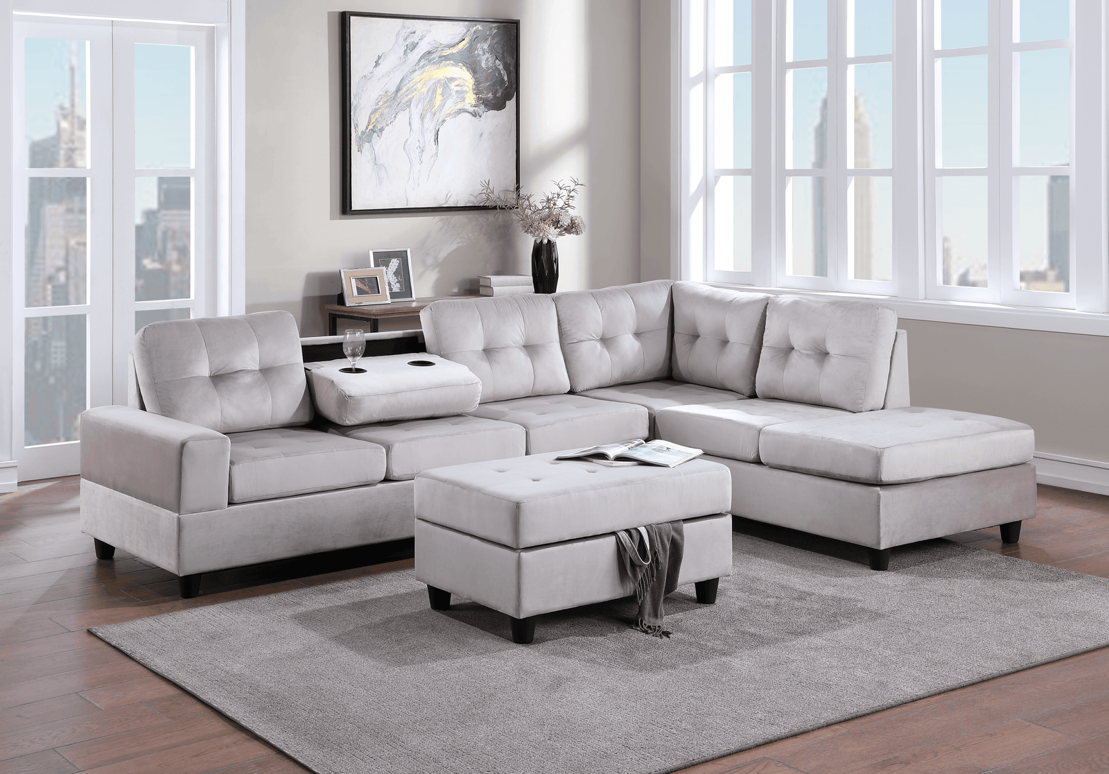 21Heights Silver Modern Contemporary Velvet Tufted Reversible Sectional + Storage Ottoman Set - Ella Furniture