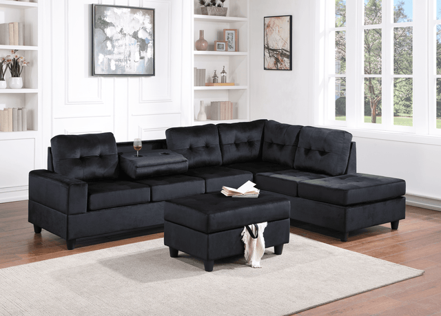 20Heights Black Modern Contemporary Velvet Tufted Reversible Sectional + Ottoman Set - Ella Furniture