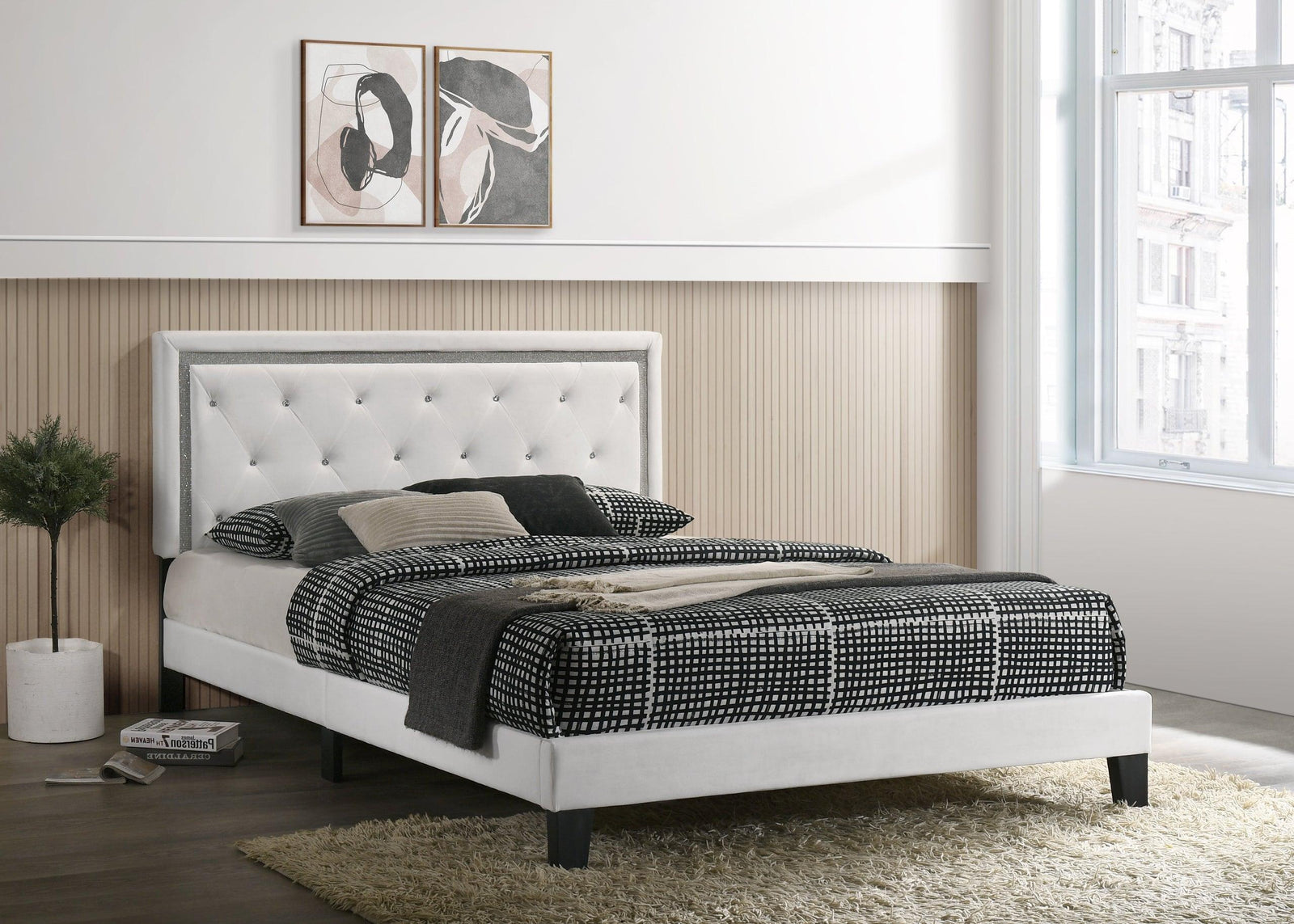 Passion White PU Classic Strong Wood Upholstered Tufted Platform Queen Bed - Ella Furniture